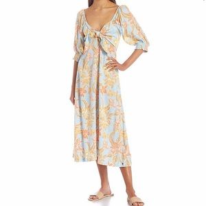 NWT Roxy blue Tropical Floral Puff Sleeve bow Tie Front Midi Dress